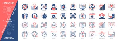 Hackathon simgesi seti. Geliştirme, Hedefler, Beyin Fırtınası, Zamanlama, Takım Ruhu, Yazılım, Algoritma, Programlama. Duotone rengi katı ve düzenlenebilir dış hat simgeleri