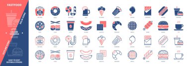 Fast food ikonu hazır. Pizza, patlamış mısır, Hot Dog, Burger, Donut, Shawarma, Sushi, Bira. Duotone rengi katı ve düzenlenebilir dış hat simgeleri