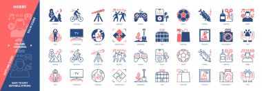 Hobi ikonu seti. Yoga, Fotoğraf, Seyahat, Müzik, Balıkçılık, Spor, Alışveriş, Bahçıvanlık. Duotone rengi katı ve düzenlenebilir dış hat simgeleri