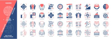 Kaizen simgesi seti. Geliştirme, Strateji, İyiyi Değiştir, İş Süreci, Verimlilik, Takım Ruhu, Devamlılık, Başarı. Duotone rengi katı ve düzenlenebilir dış hat simgeleri