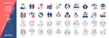 Sigorta ikonu ayarlandı. Hamilelik, Kargo, Sağlık, Ticari Mülkiyet, Aile, İş, Araba, Eğitim. Duotone rengi katı ve düzenlenebilir dış hat simgeleri