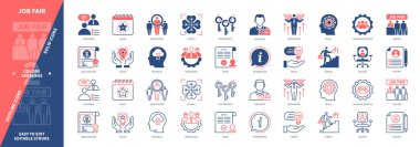 İş Fuarı simgesi. Özgeçmiş, Boşluk, Motivasyon, Röportaj, İnsan Kaynakları, Meslek, Aday, İşe Alım. Duotone rengi katı ve düzenlenebilir dış hat simgeleri