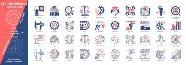 Anahtar Performans Göstergesi KPI simgesi ayarlandı. Performans, Geliştirme, Odaklanma, Uygulama, Strateji, Karar Verme, Büyüme, Ölçüm. Duotone rengi katı ve düzenlenebilir dış hat simgeleri