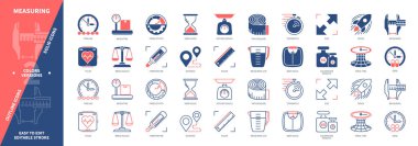 Ölçüm simgesi seti. Kronometre, Boyut, Ölçek, Ağırlık, Zaman Çizelgesi, Üretkenlik, Sıcaklık, Cetvel. Duotone rengi katı ve düzenlenebilir dış hat simgeleri