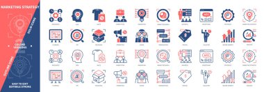 Pazarlama Stratejisi simgesi seti. Fikir, Paketleme, Fiyatlandırma, Tanıtım, Vizyon, Anahtar Performans Göstergeleri, Analiz, Satış. Duotone rengi katı ve düzenlenebilir dış hat simgeleri