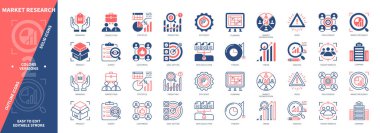 Pazar Araştırması simgesi seti. Markalaşma, Anket, İstatistik, Müşteri, Analiz, Ürün, Odak Grubu, Pazar Bölümü. Duotone rengi katı ve düzenlenebilir dış hat simgeleri
