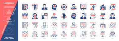 Liderlik simgesi ayarlandı. Hedef Ayarlama, Motivasyon, Takım Çalışması, Otorite, Yönetici, Planlama, Yetkinlik, Görüş. Duotone rengi katı ve düzenlenebilir dış hat simgeleri