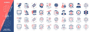 Bilim simgesi seti. Laboratuvar, Bilim adamı, Teleskop, Matematik, Deney, Bilgi, Öğrenci, Kurslar. Duotone rengi katı ve düzenlenebilir dış hat simgeleri