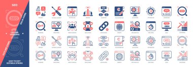 Seo simgesi seti. Blog, Hedef Seyirci, Sıralama, Veri Madenciliği, Algoritma, Sosyal Medya, Anahtar Kelimeler, İzleme, Web Sitesi. Duotone rengi katı ve düzenlenebilir dış hat simgeleri