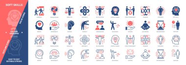 Soft Skills simgesi seti. Sorumluluk, Empati, Çatışma Yönetimi, Çalışma Etiği, Takım Çalışması, Esneklik, Disiplin, Problem Çözme. Duotone rengi katı ve düzenlenebilir dış hat simgeleri