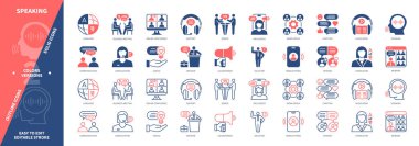 Konuşma ikonu seti. İş Toplantısı, İletişim, Dil, Hoparlör, Etkileyici, Fikir, Webinar, Çevrimiçi Konferans. Duotone rengi katı ve düzenlenebilir dış hat simgeleri
