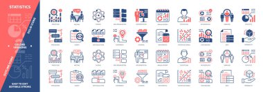 İstatistik simgesi ayarlandı. Veri toplama, Yıllık Rapor, Öngörü, Deney, Metodoloji, Filtreleme, Olasılık, Örnekleme. Duotone rengi katı ve düzenlenebilir dış hat simgeleri