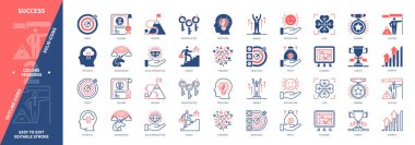 Başarı simgesi ayarlandı. Kazanan, Potansiyel, Ödül, Planlama, Hedef, Şans, Fırsatlar, Kâr, Kariyer, Büyüme. Duotone rengi katı ve düzenlenebilir dış hat simgeleri