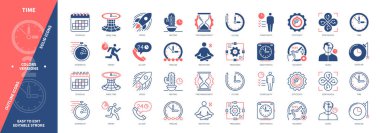 Zaman simgesi ayarlandı. Bekleme, Zamanlama, Verimlilik, Süreç, Akıllı Saat, Süreklilik, Süre sonu, Zaman Yönetimi. Duotone rengi katı ve düzenlenebilir dış hat simgeleri