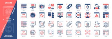 Web sitesi simgesi ayarlandı. Sunucu, Web Trafiği, Yapı, Önbellek, İçerik, Siber Güvenlik, SEO, Kodlama. Duotone rengi katı ve düzenlenebilir dış hat simgeleri