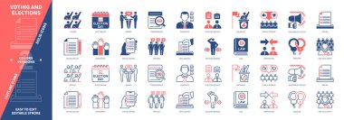 Oylama simgesi ayarlandı. Aday, Münazara, Hukuk, Demokrasi, Seçim, Siyasi Parti, Kamuoyu, Protesto. Duotone rengi katı ve düzenlenebilir dış hat simgeleri