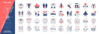 Sağlık ikonu seti. Aile, Bitkisel İlaç, Beslenme, Koşu, Rahatlama, Kişisel Gelişim, Yoga, Motivasyon. Duotone rengi katı ve düzenlenebilir dış hat simgeleri