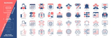 Günlük simgesi ayarlandı. Takipçiler, Sosyal Medya, Topluluk, İçerik, Web Sitesi, Paylaşım, Etki, Fikir. Duotone rengi katı ve düzenlenebilir dış hat simgeleri