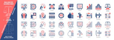 Dengelenmiş Skor Kartı simgesi ayarlandı. Strateji, Yönetim, Müşteriler, Personel, Maliye, Karar Verme, Hedef Belirleme, Performans. Duotone rengi katı ve düzenlenebilir dış hat simgeleri