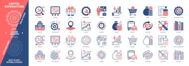 Sermaye Harcama simgesi seti. Bütçe, Satın Alma, Bakım, Geliştirme, Varlık, İş, Finans, Yatırım. Duotone rengi katı ve düzenlenebilir dış hat simgeleri