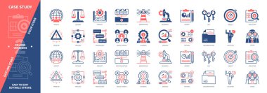 Dava Çalışma simgesi seti. Sosyal Bilimler, Araştırma, Kriterler, Belgeleme, Süreç, Prosedürler, Gözlem, Sorun. Duotone rengi katı ve düzenlenebilir dış hat simgeleri