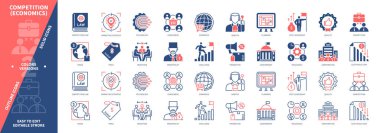 Rekabet (ekonomi) simgesi belirlendi. Pazarlama Stratejisi, Rekabet Kanunu, Maliyet Azaltma, Kaynaklar, Alıcılar, Fiyat, Ticaret, Mal. Duotone rengi katı ve düzenlenebilir dış hat simgeleri