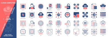 Bulut Hesaplama simgesi ayarlandı. Veritabanı, Bulut Hizmetleri, Kaynaklar, Platform, Erişim, Uygulama, Güvenlik, Sunucu. Duotone rengi katı ve düzenlenebilir dış hat simgeleri