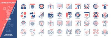 İçerik Stratejisi simgesi ayarlandı. İçerik, Yaratıcı, Planlama, Analiz, Geliştirme, Proje, Dijital Pazarlama, Başarı. Duotone rengi katı ve düzenlenebilir dış hat simgeleri