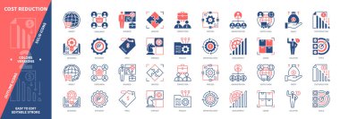 Maliyet azaltma simgesi seti. Pazar, Rekabet, Verimlilik, Yönetim, Tedarik Zinciri, Ürün, Tüketiciler, Kâr. Duotone rengi katı ve düzenlenebilir dış hat simgeleri