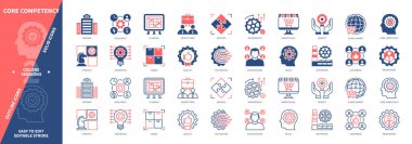 Çekirdek Yetkinlik simgesi seti. Yardım, Mal, Yenilik, Küresel Pazar, Müşteriler, Kalite, Şirket, Piyasa. Duotone rengi katı ve düzenlenebilir dış hat simgeleri