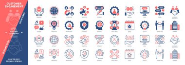 Müşteri nişan ikonu ayarlandı. Geribildirim, Forum, Garanti, Şirket, Cazibe, Etkileşme, Pazarlama, Duygu. Duotone rengi katı ve düzenlenebilir dış hat simgeleri