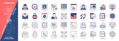 Siber suç ikonu ayarlandı. Çevrimiçi Taciz, İnternet, Dolandırıcılık, Gizlilik, Siber Saldırı, Şifre, Hacker, Yem. Duotone rengi katı ve düzenlenebilir dış hat simgeleri