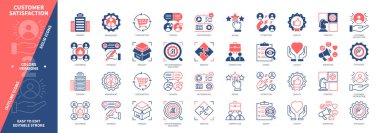 Müşteri memnuniyeti ikonu seti. Pazarlama, Ürün, Hizmetler, Kalite, KPI, Derecelendirme, Tüketim, İş Stratejisi. Duotone rengi katı ve düzenlenebilir dış hat simgeleri