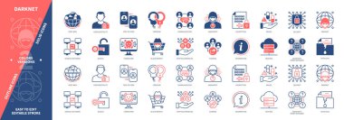 Darknet simgesi ayarlandı. Üst Ağ, Derin Web, Kara Borsa, Paylaşım, Uyuşturucu, Veri Sızıntısı, Gizlilik, Özgürlük. Duotone rengi katı ve düzenlenebilir dış hat simgeleri
