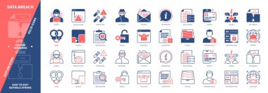 Veri sızıntısı simgesi hazır. Cihazlar, Hacker, Cyber Attack, Insider, Phishing, Data Protection, Araştırma, Casusluk. Duotone rengi katı ve düzenlenebilir dış hat simgeleri