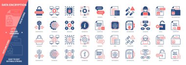 Veri Şifreleme simgesi ayarlandı. Şifreleme Anahtarı, Şifreleme, Güvenlik, Algoritma, Teknoloji, Bilgi, Yetki, İletiler, Şifreleme. Duotone rengi katı ve düzenlenebilir dış hat simgeleri