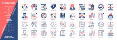 Deregülasyon simgesi seti. Performans, Rekabet, Şeffaflık, Basit Kurallar, Tüketiciler, Fiyat Düşürme, Üretim, Verimlilik. Duotone rengi katı ve düzenlenebilir dış hat simgeleri