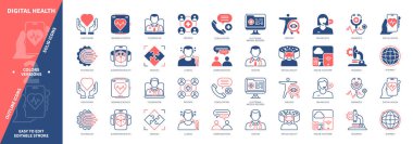 Dijital Sağlık ikonu seti. Teletıp, Teşhis, Sanal Gerçeklik, Giyilebilir Aygıtlar, Hastalık, Çevrimiçi Platform, Kontrol, Danışmanlık. Duotone rengi katı ve düzenlenebilir dış hat simgeleri