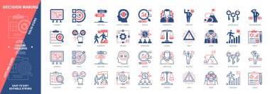 Karar Yapımı simgesi seti. Beyin Fırtınası, Kriterler, Planlama, Analiz, Yetkinlik, Fırsatlar, Liderlik, Sonuç. Duotone rengi katı ve düzenlenebilir dış hat simgeleri