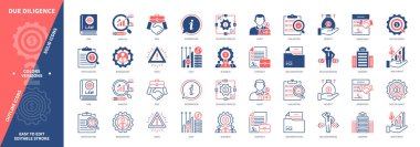 Due Diligence simgesi ayarlandı. Yatırım, Değerlendirme, Riskler, Karar Verme, Maliyet, Yönetim, Sözleşme, Analiz. Duotone rengi katı ve düzenlenebilir dış hat simgeleri