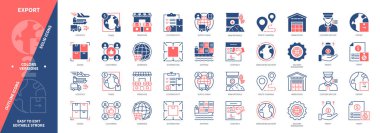 Aktarma simgesi seti. Ticaret, Tedarik Zinciri, Lojistik, Müşteri, Mal, Gümrük Görevi, Bayilik, Ticaret. Duotone rengi katı ve düzenlenebilir dış hat simgeleri