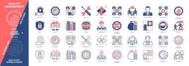 Tesis Yönetimi simgesi ayarlandı. Gayrimenkul, Finans, Yönetim, Yönetim, Altyapı, Verimlilik, Güvenlik, Bakım. Duotone rengi katı ve düzenlenebilir dış hat simgeleri