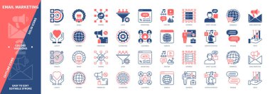 E- posta Pazarlama simgesi seti. Hedefler, Mesaj, Müşteriler, Web Sitesi, İş, Satış, Bağış, Reklam. Duotone rengi katı ve düzenlenebilir dış hat simgeleri