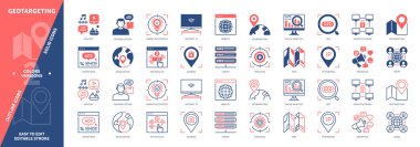 Geotarma simgesi seti. Web sitesi, IP Örümceği, Çevrimiçi Analiz, Pay per Click, Private Network, Geomarketing, Reklamcılık, Sunucu. Duotone rengi katı ve düzenlenebilir dış hat simgeleri