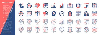 Hedef Ayarlama simgesi ayarlanıyor. Hedef, Vizyon, Planlama, Uygulama, Büyüme, Fikir, Proje, Başarı. Duotone rengi katı ve düzenlenebilir dış hat simgeleri
