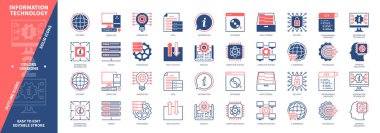 Bilgi Teknolojisi simgesi seti. Simülasyon, Yenilik, Bilgi, Yazılım, Veri Depolama, Güvenlik, İnternet, İşlem. Duotone rengi katı ve düzenlenebilir dış hat simgeleri