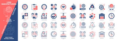 Lean İmalat ikonu seti. Sadece Zaman, Kalite, Değer, Azaltma Zamanı, Müşteriler, Üretim Hatları, Tedarikçi, Envanter. Duotone rengi katı ve düzenlenebilir dış hat simgeleri