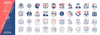 Analitik simge seti öğreniliyor. Değerlendirme, Araştırma, Habercilik, Öngörü, Çevrimiçi Konferans, Öğrenciler, Sosyal Medya, Veri İstihbaratı. Duotone rengi katı ve düzenlenebilir dış hat simgeleri