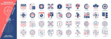 Yönetim Bilgi Sistemi MIS simgesi seti. Koordinasyon, Kontrol, Bulut Hesaplama, Analiz, Teknoloji, İnsanlar, Veri, İş. Duotone rengi katı ve düzenlenebilir dış hat simgeleri
