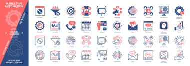 Pazarlama Otomasyon simgesi ayarlandı. Yazılım, Web Analizi, Sohbet Robotu, Sosyal Medya, Satış, Müşteriler, Yapay Zeka, İpuçları. Duotone rengi katı ve düzenlenebilir dış hat simgeleri